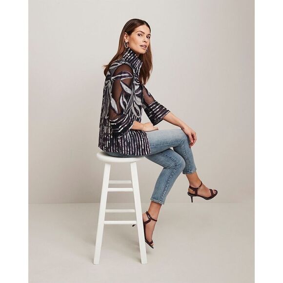 Chico’s Travelers Collection Striped Floral-Embroidered Jacket Size 0 - Picture 1 of 10